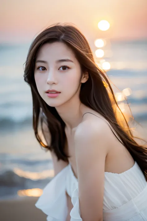 Create a high-quality, hyper-realistic portrait of a very beautiful Japanese idol. She is wearing a clean white summer dress and is squatting on the beach during sunset at sea. The deep indigo of the night sky contrasts with the last vestiges of crimson ne...
