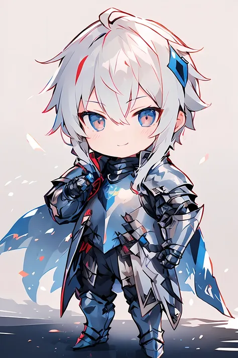 ((masterpiece)), accurate, textured skin, ((super detail)), high quality, high details, highres, best quality, chibi, knight, male, white hair, light smile, Smug face:1.2, steel armor, 2 heads, deformed character