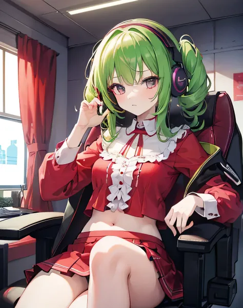 1girl,red-green-white-curly-hair,bandy,purple-kitty-headphones,sitting,gaming-chair,gaming-room,red-blouse,black-skirt,black-high-thighs