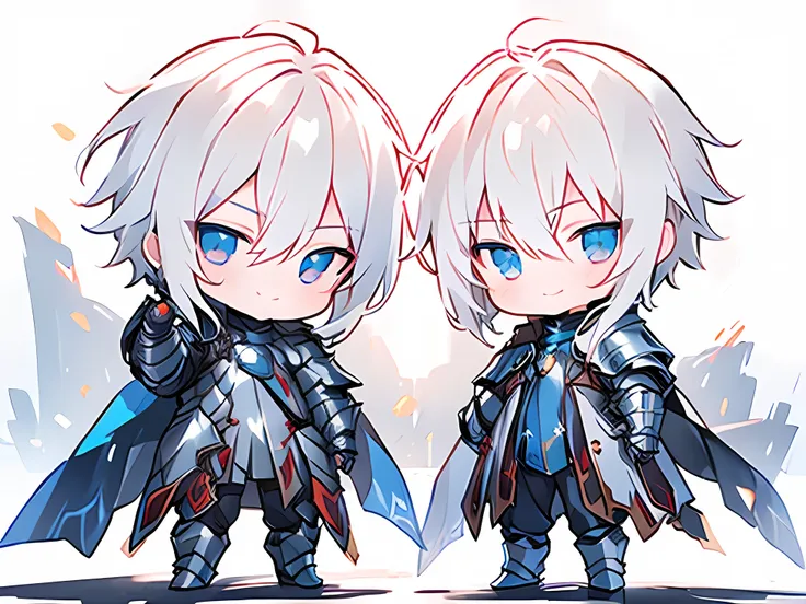 ((masterpiece)), accurate, textured skin, ((super detail)), high quality, high details, highres, best quality, chibi, knight, male, white hair, light smile, Smug face:1.2, steel armor, 2 heads, deformed character, from side, runnning