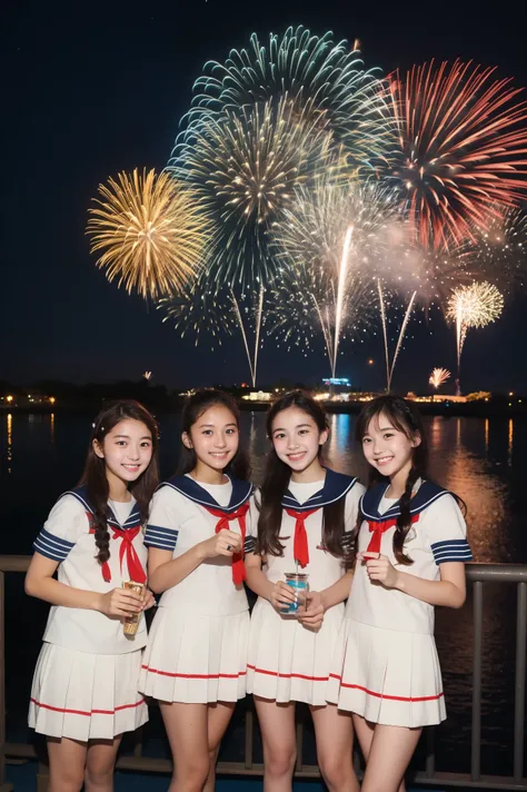 masterpiece,best quality,high resolution,Several junior high school girls,smile,Sailor suit,Night Sky,Colorful fireworks