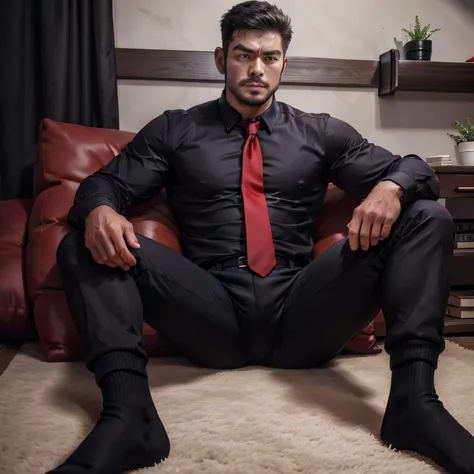 30 year old father,one man、black shirt、red tie、black slim pants、indoor、futon、,muscular、short hair、asian face　stubble　　bad guy fa...