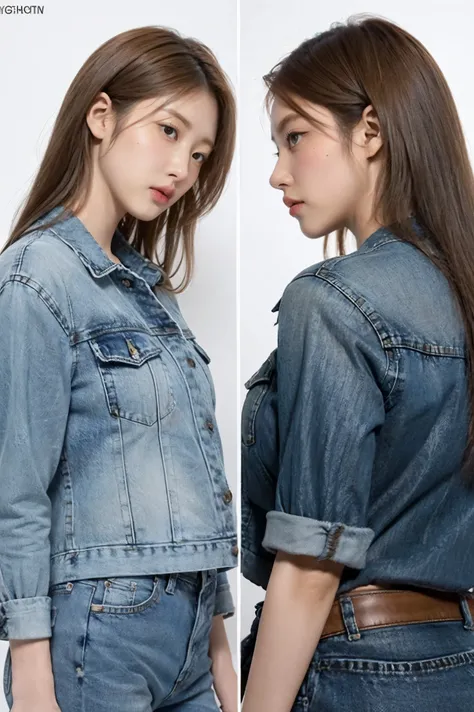 Detailed character sheet, Front view, Side view, Diagonal view, with a white returnground, show women, 30 years old, with short dark brown hair combed return, Wearing light casual clothing, Wearing tight denim jeans. The seat includes different angles, Fro...
