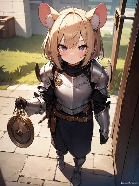 masterpiece, Best Quality, Perfect Face, Highest Resolution, Best Quality,Detailed depiction of the eyes, 8k, RimWorld, ratkin, 1 girl, young, small, Slender body, Mouse Ears, knight, full body armor, pocket, 