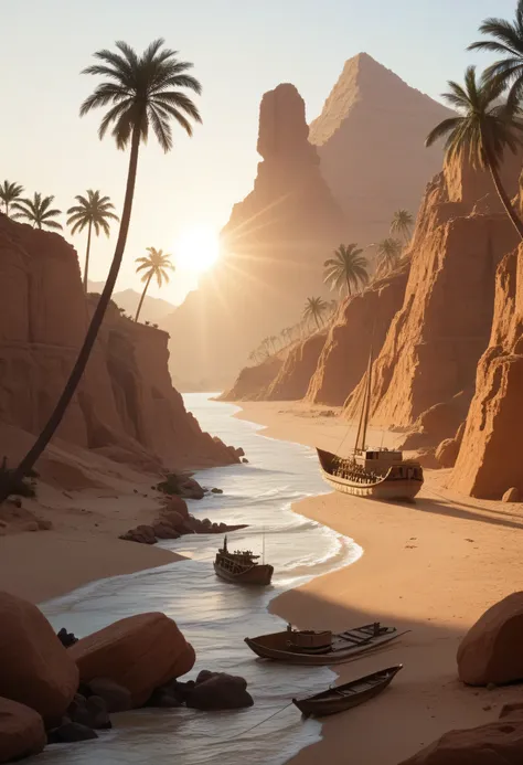 Sunrise over the Nile in 2600 BCE: The golden rays of the sun rise over the calm, winding Nile River, casting long shadows across the desert sands of the Giza plateau. Ancient Egyptian boats sail gently, and palm trees line the riverbanks, reflecting the p...