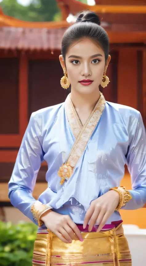 master-piece, 1girl best,looking at the audience,outdoor, thai temple,bara,Upper body,Seduction,clean,Exquisite Face,pure face,Fair-skinned,sexy pose,((Traditional northern Thai Lanna costume)), very elegant dress, luxury and details Tai Khun traditional o...