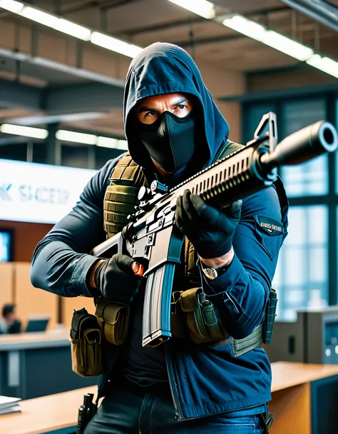 masterpiece, best quality, 8k, solo, solo focus, 1male, male focus, New York, large bank, indoors, daytime, cinematic lighting, suspenseful atmosphere, a masked robber holds up a bank; he is armed with an AR-15 rifle with scope. intense impression. depth i...