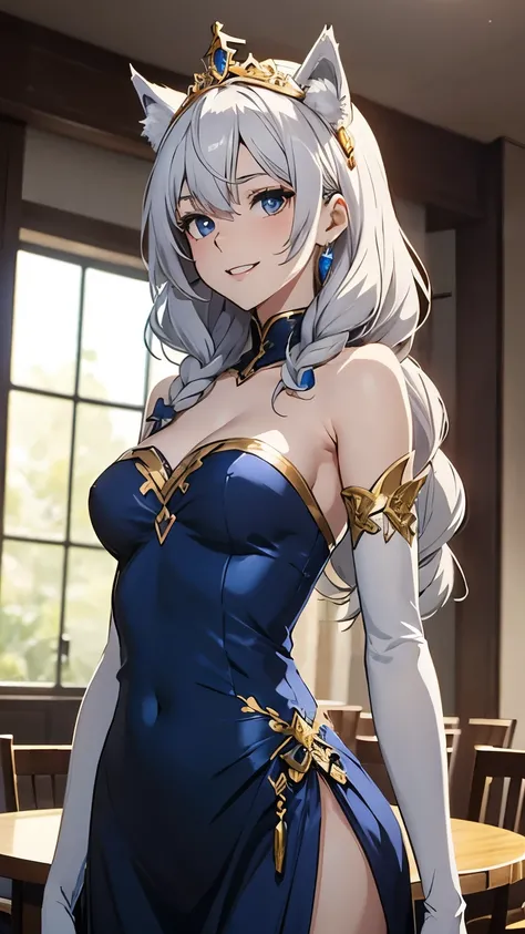 Tabletop　High resolution　Please redeem　8k　 Adult women　Anime Style　White long gloves（Elbow Gloves）　Blue long dress（Strapless）（Gold decoration）　White wolf ears　Small Tiara　Semi-long hair（（Braids）（Gray Hair）（Braiding）（Fluffy））　blue eyes　Attractive face（（smil...