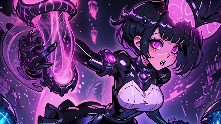 Girl in cyber style maid costume. （hightquality）Shes a Dark Fantasy. she has short hair. Latex. Shining eyes. Tentacles extending from behind her. Radiant. Elements of jellyfish. dark laboratory.