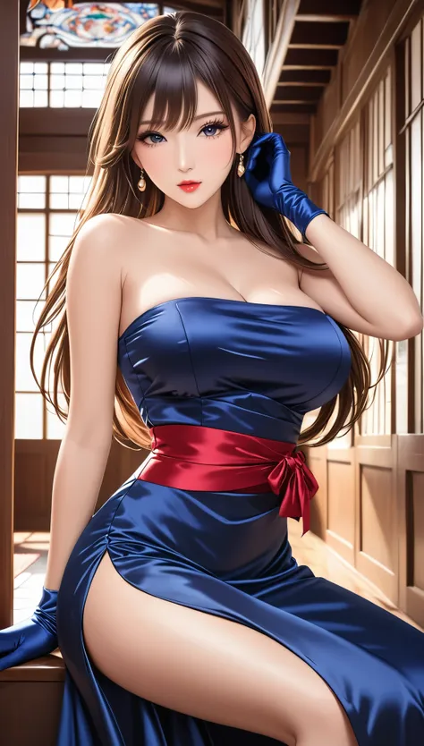 (masterpiece,Best Quality,Ultra-high resolution),Inside the Western-style building,Three Japanese women,In heat,A seductive and alluring expression,Her beautiful long hair is tied back,bangs,Baby Face,Pursing his lips, (((Very beautiful 20 year old))),Big ...