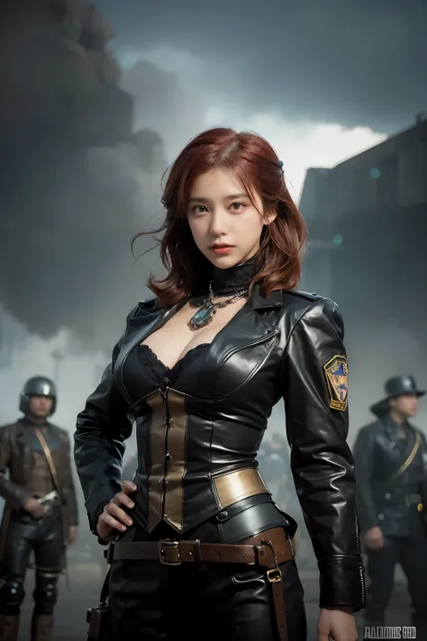 there is a woman standing in front of a group of robots, steampunk male portrait, compositing, beautiful android woman, stormy a...