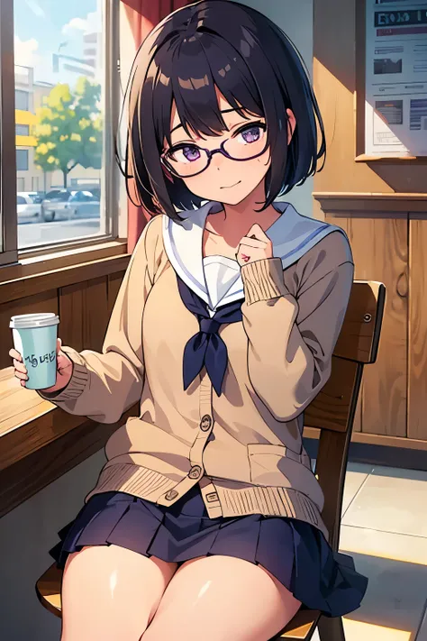 Elementary school student, , toddler, flat chest, black hair, short bob, glasses, purple eyes, embarrassed expression 　smile（（One person）） A light brown cardigan over a white long-sleeved sailor suit　　Navy blue mini skirt　White panties （（I can see her pant...