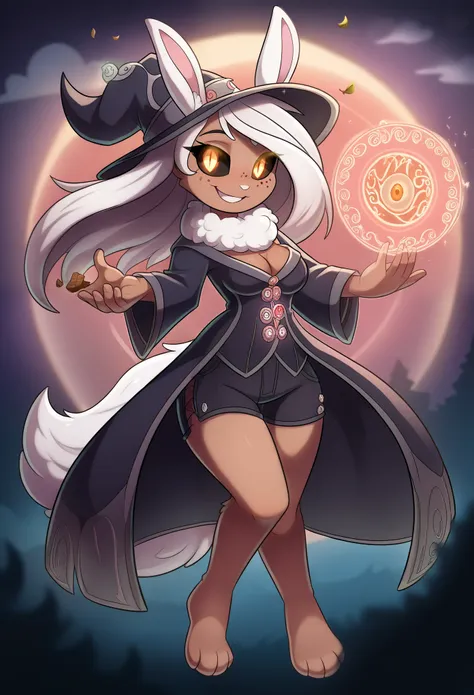 young woman, brown skin, chocolate brown skin, bunny features, bunny ears, floppy ears, white hair, orange eyes, black sclera, mysterious eyes, witches hat, frilled witches hat, witch attire, detailed attire, long sleeves, robe dress, black shorts, ancient...