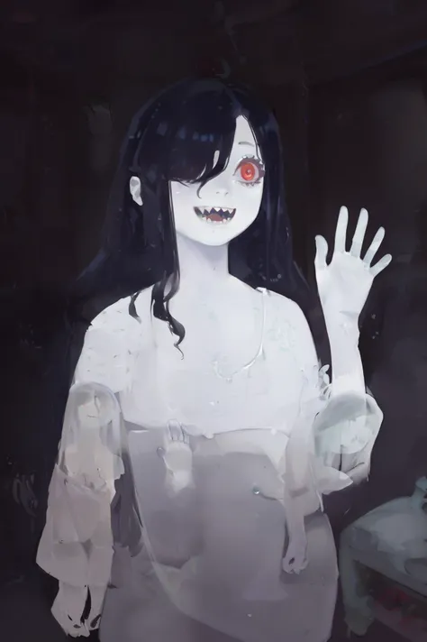 score_9, score_8_up, score_7_up, score_6_up, Masterpiece, 1girl, torso shot, 
BKSTL, ,black hair, long hair, ghost girl, white skin, white oversized shirt, cleavage, medium breasts, waving hands, saggy breasts, dark room, red shiny eyes, sharp teeth, open ...