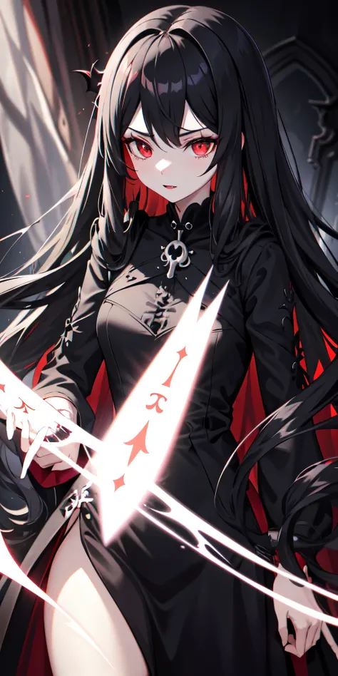 1 girl, gothic long dress, long hair, black hair, wavy hair, Red eyes, gothic room, skull, Black candles, Sharpness, dark room, Vampire, Vampireские клыки,, light rays, side lighting, hips, fate (series), genshin impact, ****