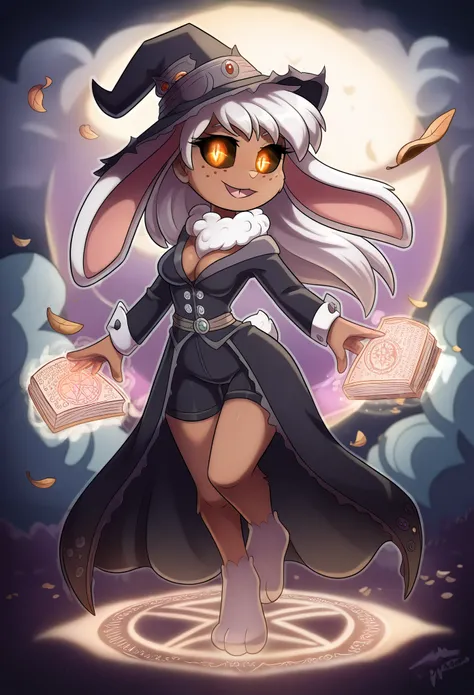 young woman, brown skin, chocolate brown skin, bunny features, bunny ears, floppy ears, white hair, orange eyes, black sclera, mysterious eyes, witches hat, frilled witches hat, witch attire, detailed attire, long sleeves, robe dress, black shorts, ancient...