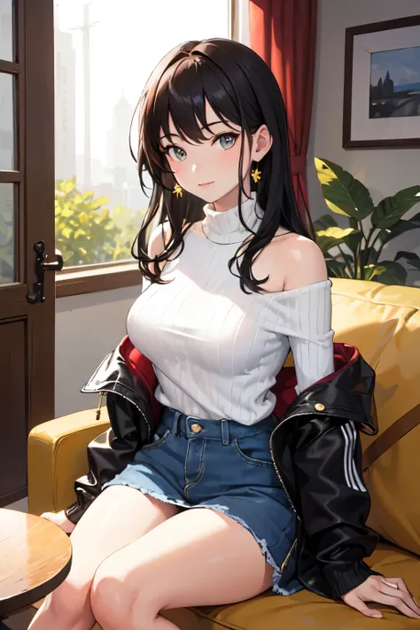 ((Best Quality)), ((masterpiece)), (detailed), One girl, Off-the-shoulder sweater, 