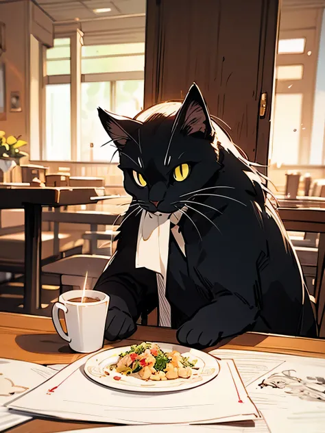 restaurant、Tabletop、Black cat eating at the table、Crown on head、(manga style),(sketch),(illustration),