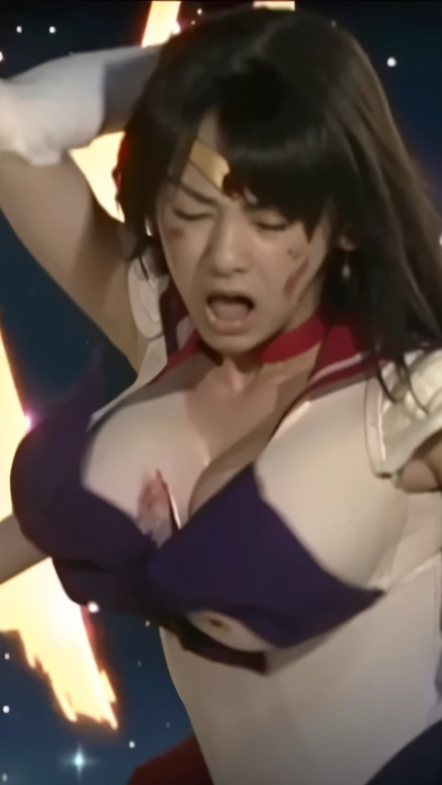 Her clothes are torn, exposing her breasts and nipples, Knocked out, Get hit by a special move, Screaming, Being blown backwards, High image quality, torn clothes, Bleeding, Looks painful, Anguished expression, Eyes closed, Leo Chira, Side camera angle, Le...