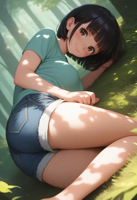 score_9,score_8_up,score_7_up,masterpiece,best quality, source anime, realistic, super detailed, extreme detailed, rating_safe, 
1girl, lying on side, bend knees, ass, (from above:0.5), 
BREAK 22yo, short hair, (bob cut:1.2), ear, (blunt bangs), black hair...