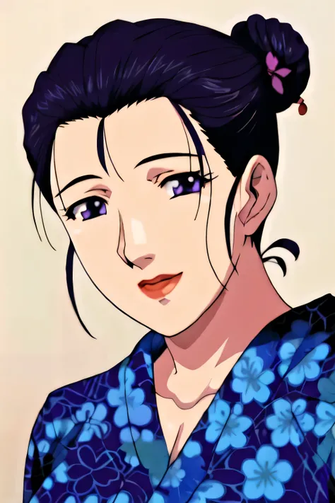 Simple Background,White Background,
purple kimono,floral print,japanese clothes,wide sleeves,long sleeves,
cleavage,
purple eyes, black hair,bangs,hair bun,
1 girl, 20yo,Young female,Beautiful long legs,Beautiful body,
Beautiful Nose,Beautiful character d...