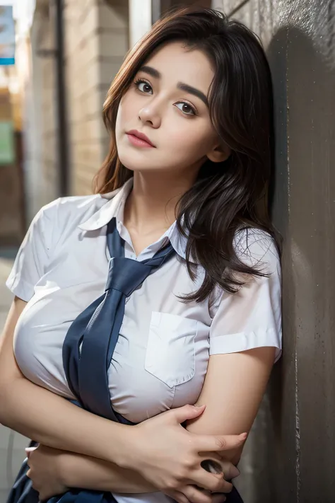 a beautiful Preety  Zinta and boy hugging each other, female high school student, white school uniform, extremely detailed face and eyes, large breasts, blushing, photorealistic, 8k, realistic, masterpiece