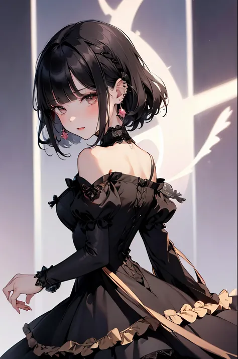 (a girl:1.9), best quality, highres, slim, small face, brown eyes, tall, black hair, (7-head ratio:1.4), (long hair:1.3), (straight hair:1.3), (blunt bangs:1.3), (pierced earrings:1.3), (form-fitting black lace dress:1.4), (elegant but revealing dress:1.3)...