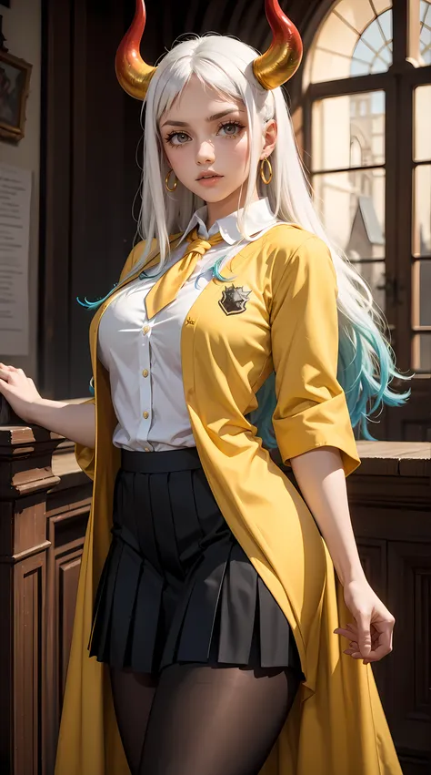 Beautiful white hair woman is shown to have a sexy figure, She is wearing Hogwarts yellow witch robes, yellow robes, jewelry, British yellow school uniforms under robes, red horns, school vest and yellow tie, school skirt, pantyhose, she has orange eyes,Gi...