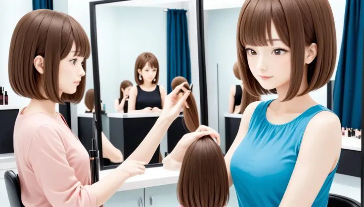 A before-and-after illustration of a woman at a beauty salon. In the "before" scene, she has medium-length hair reaching her shoulders, styled simply and casually. In the "after" scene, her hair is transformed into a chic, short haircut, styled neatly and ...