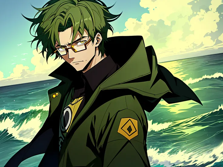 Anime-Man with short dark green hair and dark green coat，Yellow eyes，Glasses，With the ocean as the background