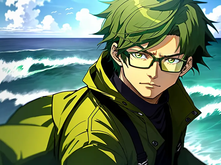 Anime-Man with short dark green hair and dark green coat，Yellow eyes，Glasses，With the ocean as the background