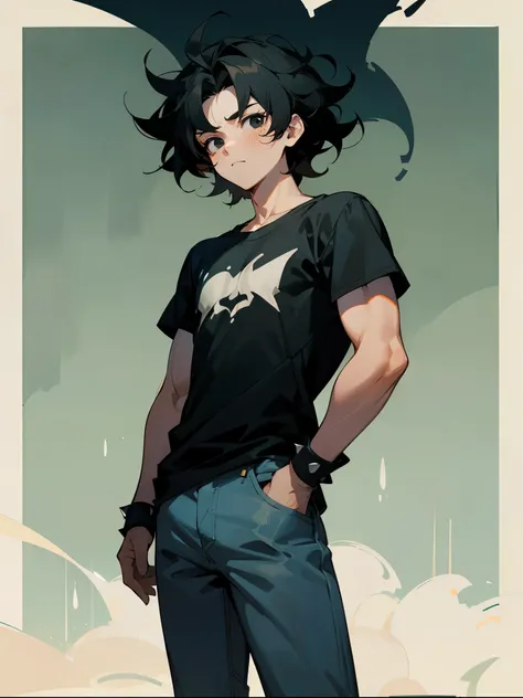 1male , Spiky Wavy Hair , Faded cut hair, Black Hair ,Black Hair , Black Eyes, Calm Expression ,  Baggy white and green T-Shirt, Black Wristbands , Baggy Blue Jeans, Modern City Background , Muscular 