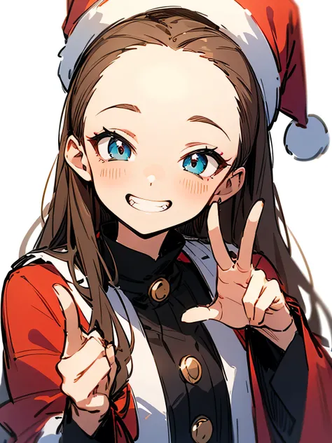 solo,(upperbody:0.6),making a piece sign,25years old,cute face:0.6,brown thin loose straight hair,big forehead,santa anta hat、grin,cheek,makeup,cute model pose,white simple background,(manga style),(sketch),(illustration),