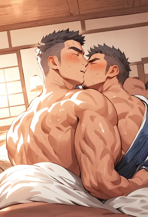 masterpiece, best quality, Japanese, muscular, sweat, heat, Inn, bedroom, kissing