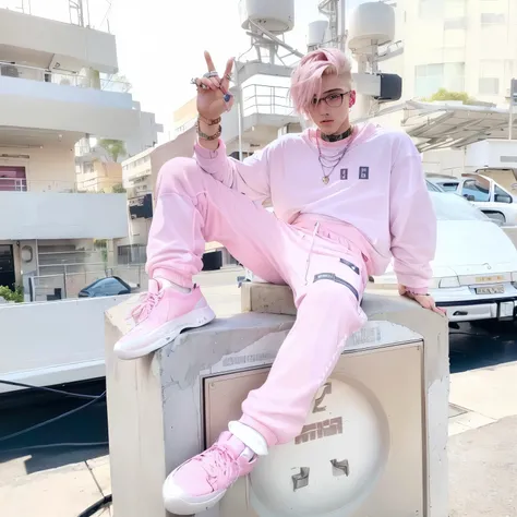 realistic photo of a  cute sexy blond fashion boy with fine fashion undercut haircut,  in pink trackies, pink chunky sneakers, pink socks, lots of rings, necklaces, bracelets