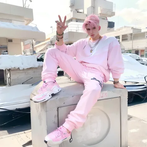 realistic photo of a  cute sexy blond fashion boy with fine fashion undercut haircut,  in pink trackies, pink chunky sneakers, pink socks, lots of rings, necklaces, bracelets