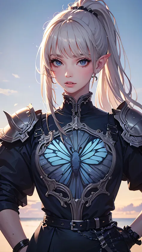 masterpiece, High resolution, Anatomically correct, Best Quality, High detail, Very detailed, Textured skin, Blonde, High ponytail, Pointy Ears, Grey Eyes, Sparkling eyes, Hanging eyes, High resolutionの目, Adult sister, Female Warrior, Bangs between the eye...