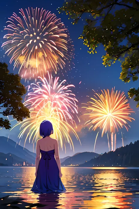 japanese fireworks, ((furude rika)), woman, alone, blue hair, purple eyes, sundress, ((green dress)), bare shoulders, quiet lake...