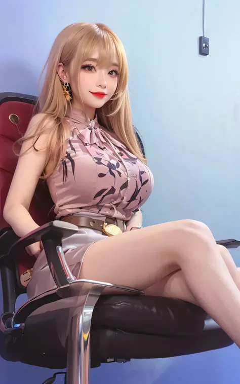 Ultra-detailed、Hanfu Chinese celebrity wearing a tight pink frilly blouse and white pencil skirt, gold belt, long thin legs, long silky blonde hair with perfect swept bangs, long eyelashes, red lipstick, starting at a coin hypnosis pendulum, sitting in a c...