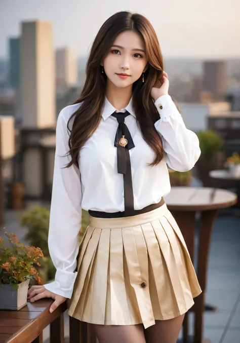 photograph, Confused, High resolution, Super detailed, Maid Girl,:d,((Gentle inward wavy hair:1.2)),((((Gold Necklace_Big earrings:1.2)),((Super long brown hair:1.2))、(((white long sleeve button up blouse_brown pleated mini skirt:1.4)、、expensive ,(( Night ...