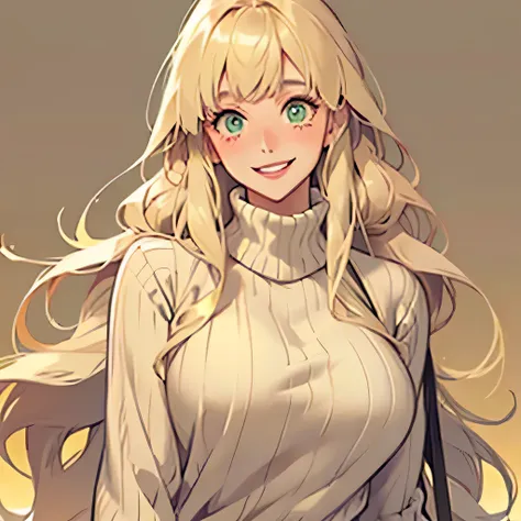 shy female, curvy, nerdy, smiley, confident, blush, blonde, long hair, soft bangs, beige sweater, smiling facing forward green e...