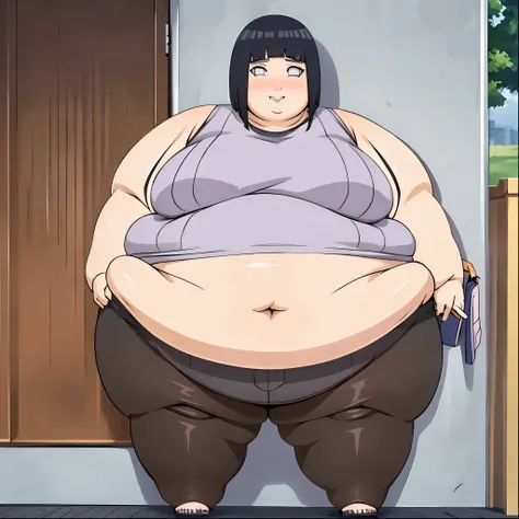 standing, shy, smile, blush, solo, 1girl, SSBBW hyuga hinata boruto,big cheeks,ssbbw,severely obese ,600lbs obese female, short hair, white eyes, no pupils, big breasts, black pants,jacket with fur trim, ultra detailed, masterpiece, best quality, aesthetic...