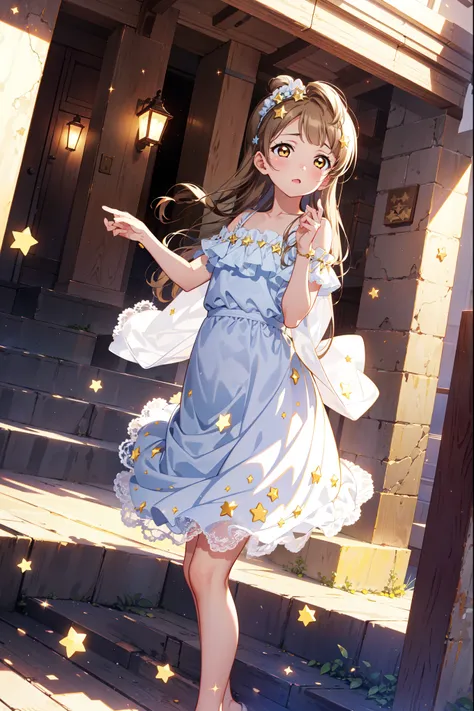 Minami Kotori，High-resolution masterpiece quality, Unity 8k wallpaper illustration, Golden Eyes，Brown hair，Small headpiece, Clothes decorated with stars，Girly skirt，Highly detailed CG,  Light makeup,Lace，charm，Starlight Saint，Reasonable human body