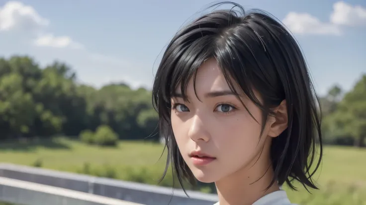 yukino yukinoshita, Blown away by a long wind [Blue-Black:.3] hair,Gazing at the audience, (masterpiece:1.5), )(8k, Realistic, RAW Photos, Best Quality: 1.4)), Japanese, (1 girl), Beautiful Face, ((Realistic face)), (black hair, short hair:1.3), beautiful ...