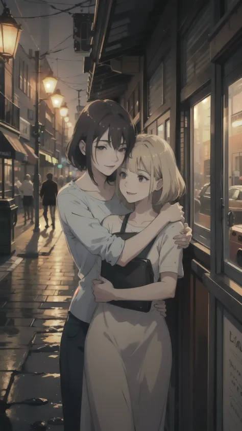 ((best quality)), ((masterpiece)), (detailed), blonde woman hug brown hair woman in city, cozy, happy atmoshpere, friendship