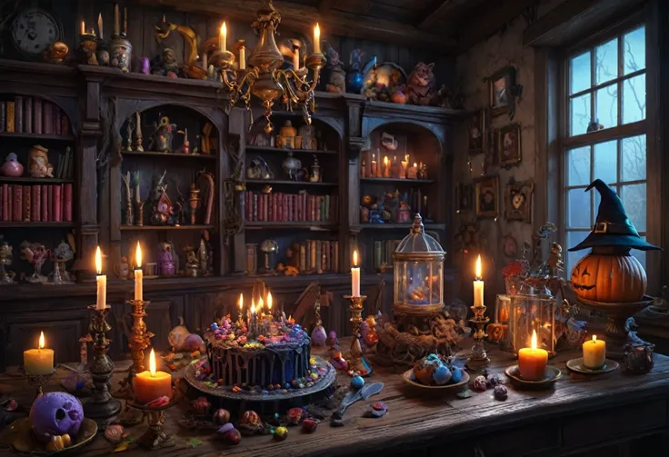 8k, 超High resolution, High resolution, cinematic, cinematic image, Intricate details, Realistic, background,
fantasy art style, Inside the house、indoor,Candles、lamp、Delicious sweets、witchs hat、Cute Cake、Witch's Tools、witch、Vial of purple liquid、witch&...