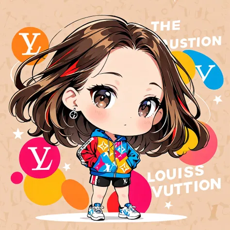 The hyper-realistic and colorful style of Louis Vuitton, Simple Line Acronym，Abstract art，(((The most beautiful girl ever))), Chibi, Cute design,  (((sports fashion))), Gymnastics