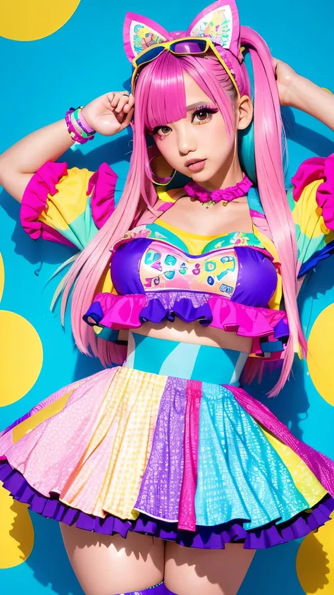 Alafe girl posing in colorful costume for photo, y 2 k cutecore clowncore, kawaii decora rainbowcore, kawaii hq render, candy girl, decora inspired, Unreal Engine : : Rave makeup, raver girl, Rave Girl, Rave Costume, glitchpunk girl, soda themed girl, play...