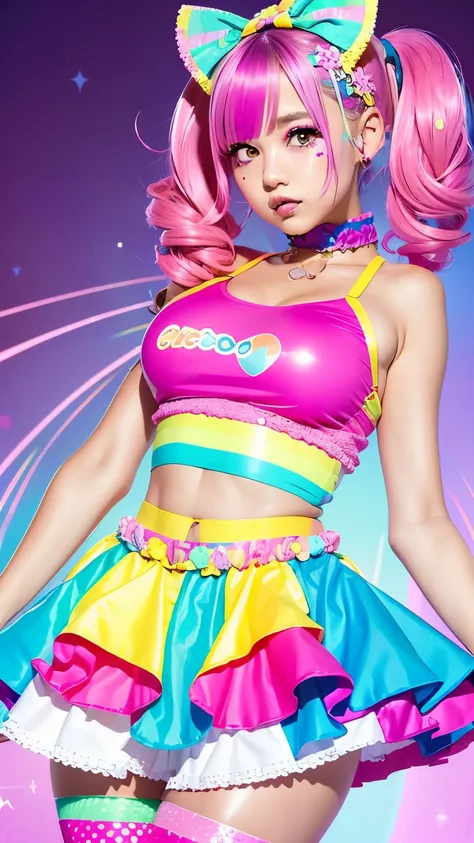 Alafe girl posing in colorful costume for photo, y 2 k cutecore clowncore, kawaii decora rainbowcore, kawaii hq render, candy girl, decora inspired, Unreal Engine : : Rave makeup, raver girl, Rave Girl, Rave Costume, glitchpunk girl, soda themed girl, play...