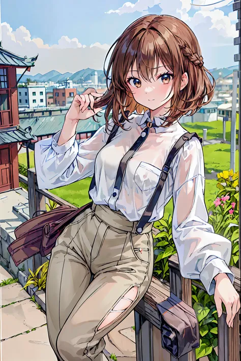 ((masterpiece)), (anime:1.5), ((Best Quality)), (RAW Photos:1.2), (High resolution:1.3), (Professional photography:1.2), (Chromatic Aberration), One Girl, (()), (Serious), (Beautiful brown eyes:1.3), View your audience, Plain Shirt, O-ring, Messy Hair, Med...